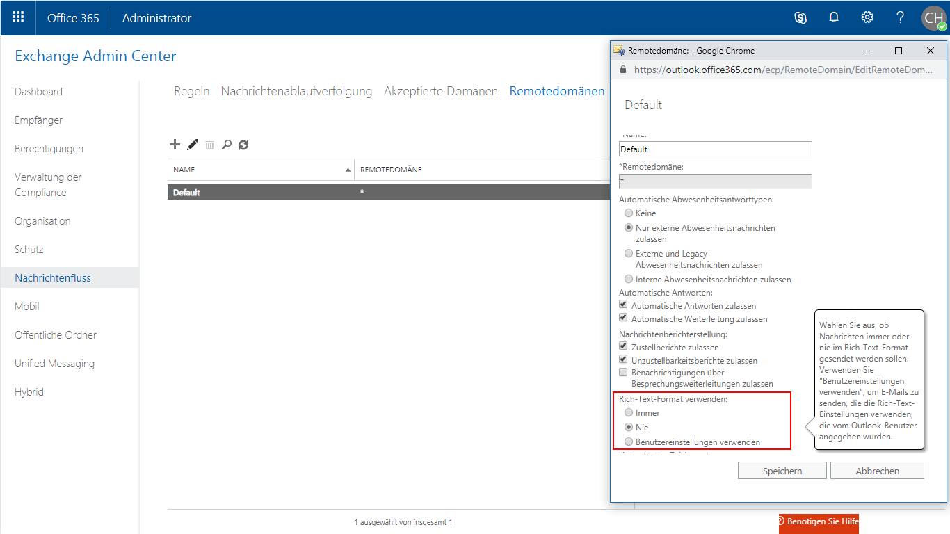 Ein Bild von der Microsoft Office 365 Exchange Online Admin Konsole. Es sind die Remotedomänen und ein Fenster zum editieren der Default Remotedomäne geöffnet. Rich-Text-Format verwenden steht auf "Nie"